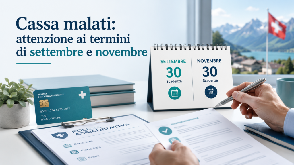Grafica informativa sulla cassa malati in Svizzera con scadenze del 30 settembre per le complementari e del 30 novembre per la LAMal.