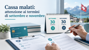 Grafica informativa sulla cassa malati in Svizzera con scadenze del 30 settembre per le complementari e del 30 novembre per la LAMal.