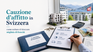 Cauzione d’affitto in Svizzera con contratto di locazione, chiavi, franchi svizzeri e documenti assicurativi.