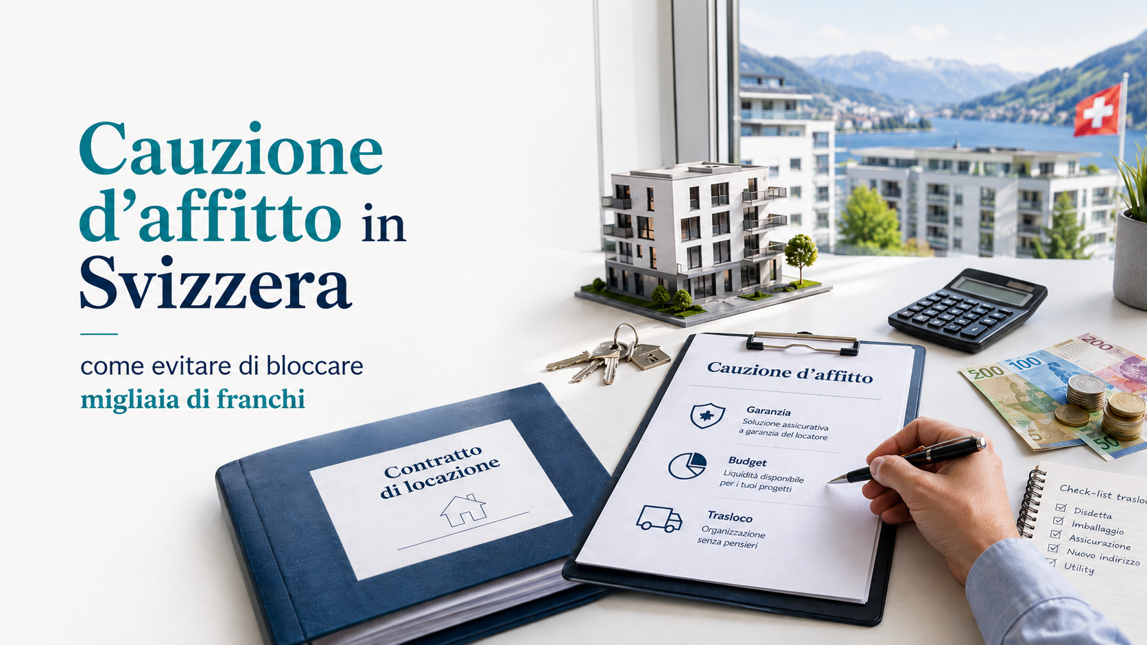 Cauzione d’affitto in Svizzera con contratto di locazione, chiavi, franchi svizzeri e documenti assicurativi.
